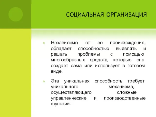 социальная организация Независимо от ее происхождения, обладает способностью выявлять и решать