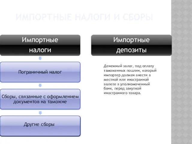 Импортные налоги и сборы Другие сборы Денежный залог, под оплату таможенных