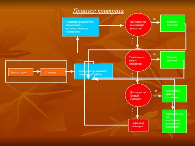 Задачи и цели Процесс контроля Сравнение фактических показателей с запланированными стандартами