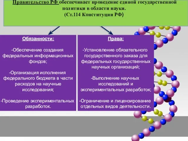 Правительство РФ обеспечивает проведение единой государственной политики в области науки. (Ст.114