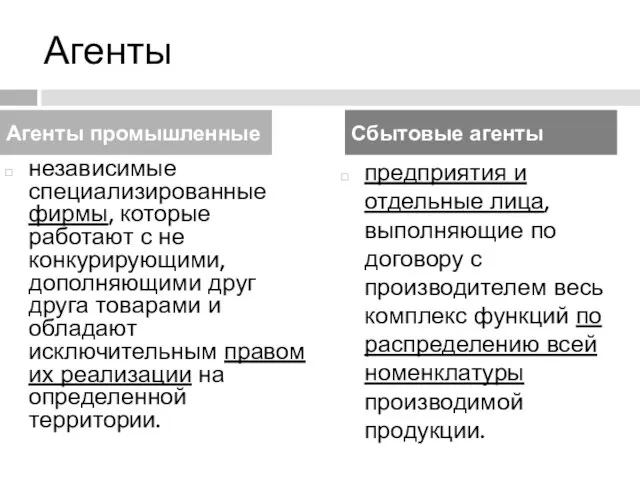 Агенты независимые специализированные фирмы, которые работают с не конкурирующими, дополняющими друг