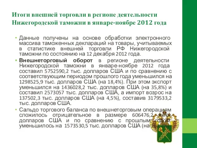 Итоги внешней торговли в регионе деятельности Нижегородской таможни в январе-ноябре 2012