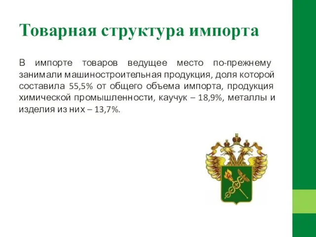 Товарная структура импорта В импорте товаров ведущее место по-прежнему занимали машиностроительная