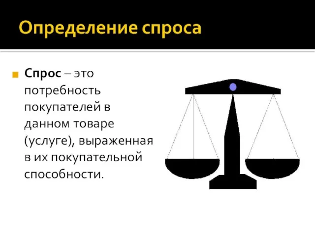 Спрос – это потребность покупателей в данном товаре (услуге), выраженная в их покупательной способности.