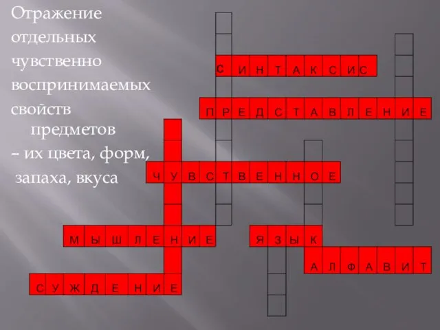 Отражение отдельных чувственно воспринимаемых свойств предметов – их цвета, форм, запаха, вкуса