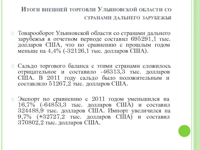 Итоги внешней торговли Ульяновской области со странами дальнего зарубежья Товарооборот Ульяновской