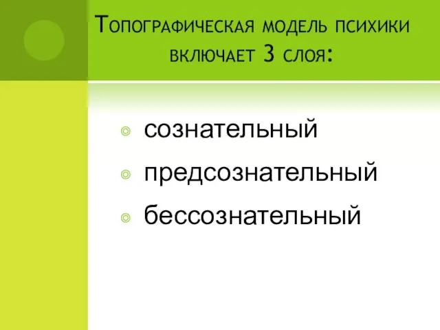 Топографическая модель психики включает 3 слоя: сознательный предсознательный бессознательный