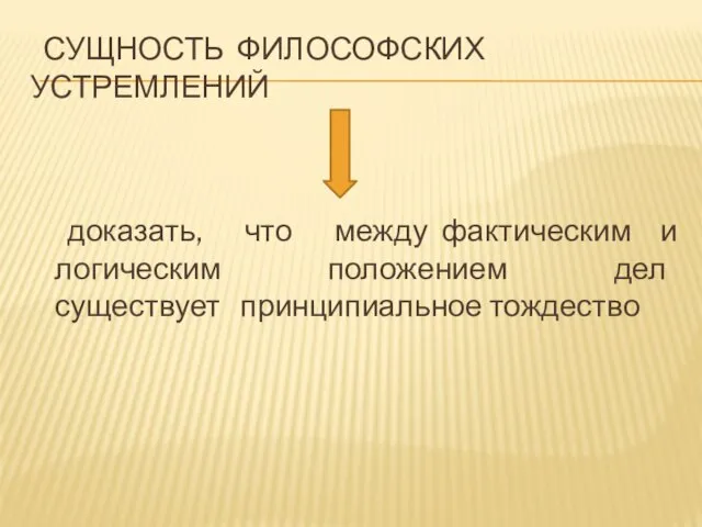 сущность философских устремлений доказать, что между фактическим и логическим положением дел существует принципиальное тождество