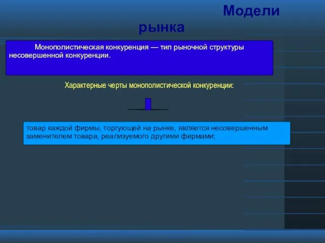 Модели рынка Монополистическая конкуренция — тип рыночной структуры несовершенной конкуренции. Характерные