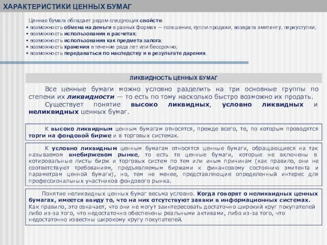 Ценная бумага обладает рядом следующих свойств: возможность обмена на деньги в