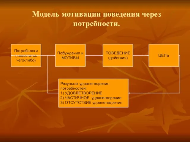 Модель мотивации поведения через потребности. ПОВЕДЕНИЕ (действия) Потребности (недостаток чего-либо) Побуждения