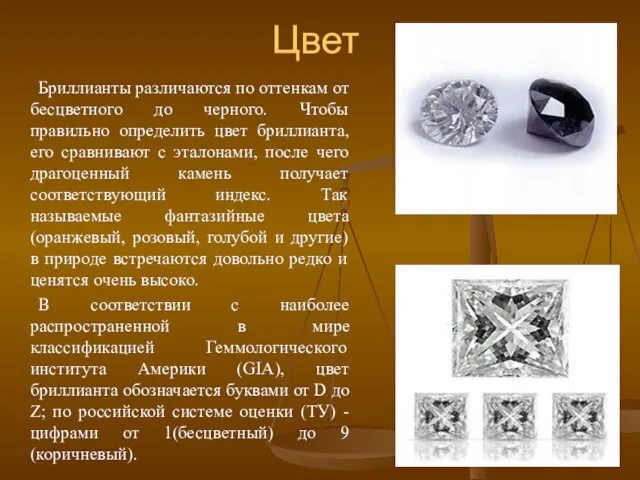 Цвет Бриллианты различаются по оттенкам от бесцветного до черного. Чтобы правильно