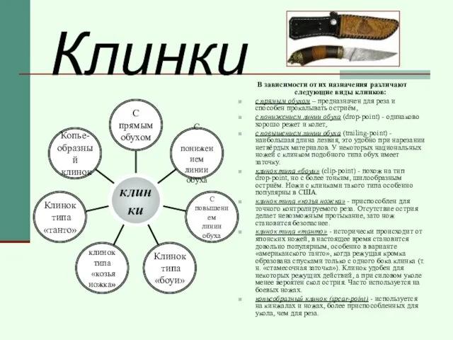 Клинки В зависимости от их назначения различают следующие виды клинков: с