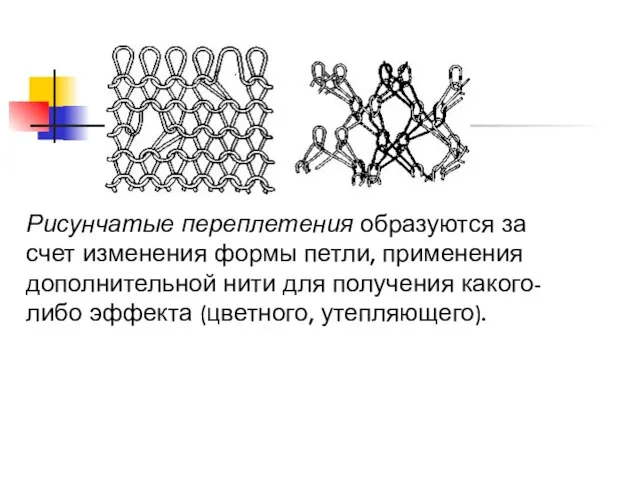 Рисунчатые переплетения Рисунчатые переплетения образуются за счет изменения формы петли, применения