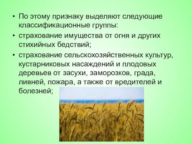 По этому признаку выделяют следующие классификационные группы: страхование имущества от огня