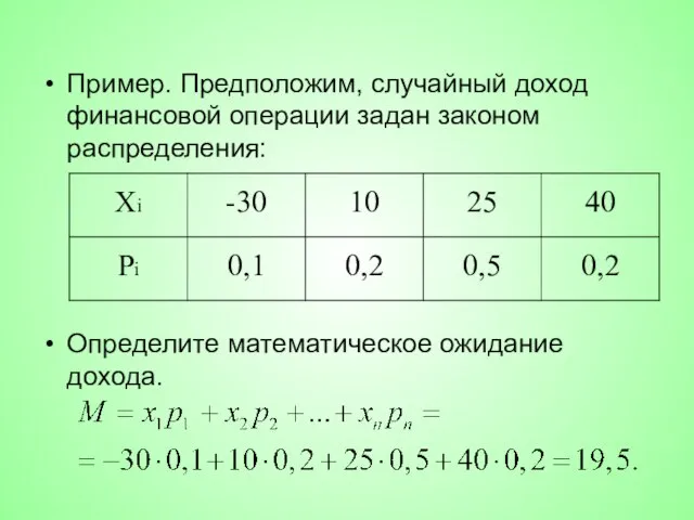 Пример. Предположим, случайный доход финансовой операции задан законом распределения: Определите математическое ожидание дохода.