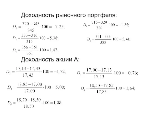 Доходность рыночного портфеля: Доходность акции А: