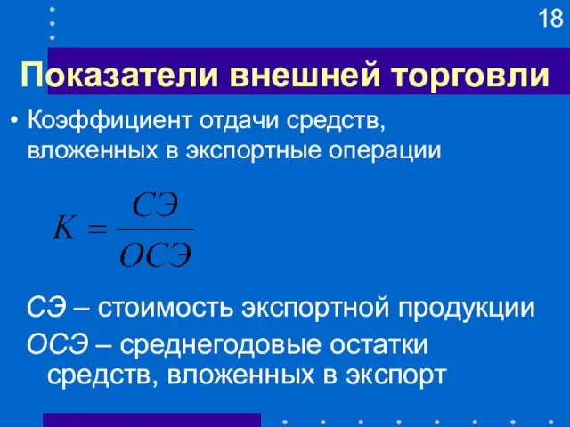 Показатели внешней торговли СЭ – стоимость экспортной продукции ОСЭ – среднегодовые