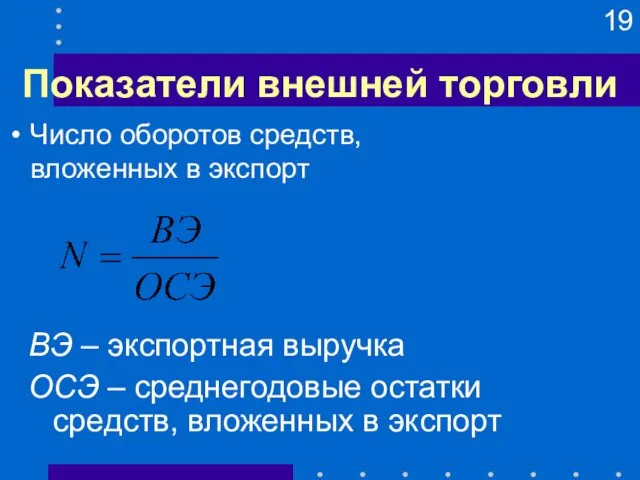 Показатели внешней торговли ВЭ – экспортная выручка ОСЭ – среднегодовые остатки