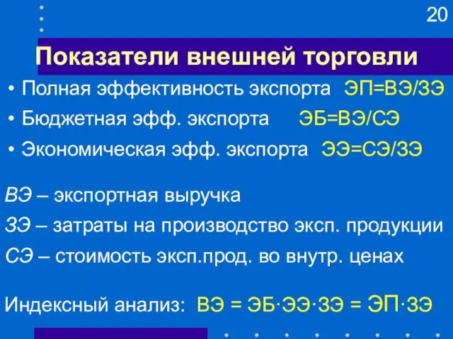 Показатели внешней торговли Полная эффективность экспорта ЭП=ВЭ/ЗЭ Бюджетная эфф. экспорта ЭБ=ВЭ/СЭ