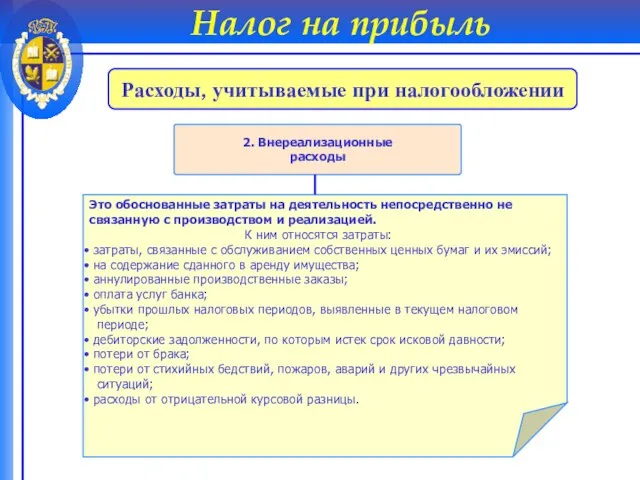 Налог на прибыль Расходы, учитываемые при налогообложении 2. Внереализационные расходы Это