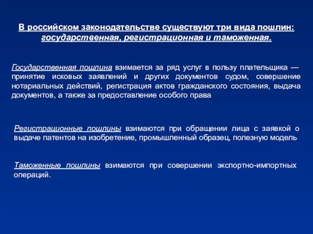 В российском законодательстве существуют три вида пошлин: государственная, регистрационная и таможенная.