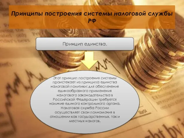 Принципы построения системы налоговой службы РФ Принцип единства. Этот принцип построения