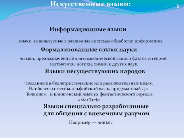 Информационные языки Формализованные языки науки Языки несуществующих народов Языки специально разработанные