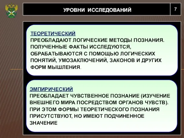 7 УРОВНИ ИССЛЕДОВАНИЙ ЭМПИРИЧЕСКИЙ ПРЕОБЛАДАЕТ ЧУВСТВЕННОЕ ПОЗНАНИЕ (ИЗУЧЕНИЕ ВНЕШНЕГО МИРА ПОСРЕДСТВОМ