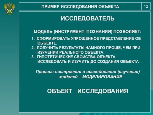 12 ПРИМЕР ИССЛЕДОВАНИЯ ОБЪЕКТА ИССЛЕДОВАТЕЛЬ МОДЕЛЬ (ИНСТРУМЕНТ ПОЗНАНИЯ) ПОЗВОЛЯЕТ: 1. СФОРМИРОВАТЬ