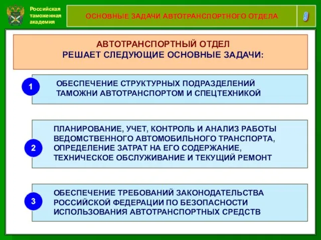 Российская таможенная академия 9 ОСНОВНЫЕ ЗАДАЧИ АВТОТРАНСПОРТНОГО ОТДЕЛА АВТОТРАНСПОРТНЫЙ ОТДЕЛ РЕШАЕТ