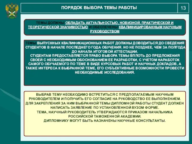 13 ПОРЯДОК ВЫБОРА ТЕМЫ РАБОТЫ ТЕМЫ ДОЛЖНЫ ОБЛАДАТЬ АКТУАЛЬНОСТЬЮ, НОВИЗНОЙ, ПРАКТИЧЕСКОЙ