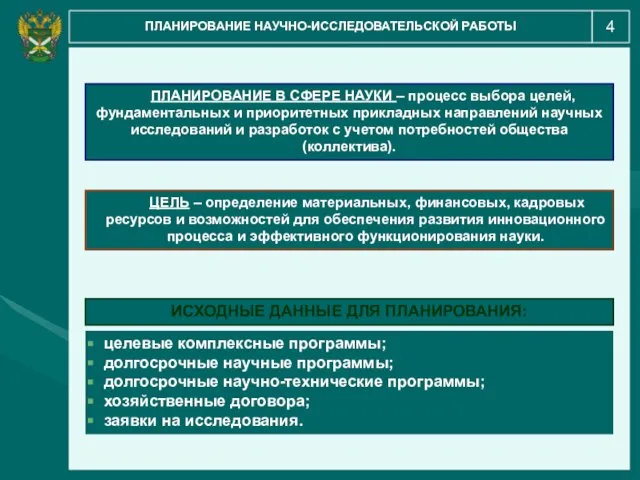 4 ПЛАНИРОВАНИЕ НАУЧНО-ИССЛЕДОВАТЕЛЬСКОЙ РАБОТЫ ПЛАНИРОВАНИЕ В СФЕРЕ НАУКИ – процесс выбора