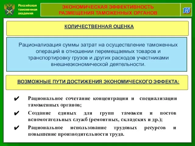 Российская таможенная академия 15 Рационализация суммы затрат на осуществление таможенных операций