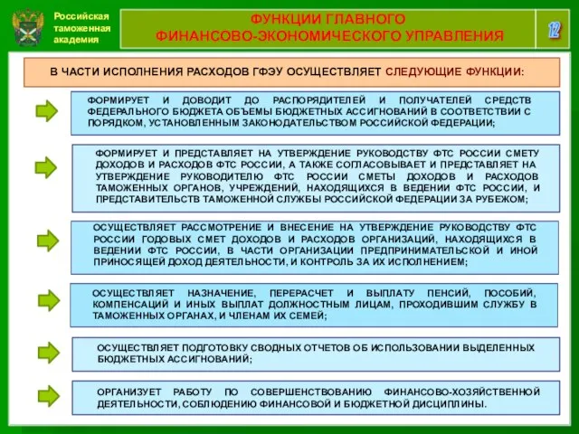 Российская таможенная академия 12 ФУНКЦИИ ГЛАВНОГО ФИНАНСОВО-ЭКОНОМИЧЕСКОГО УПРАВЛЕНИЯ В ЧАСТИ ИСПОЛНЕНИЯ