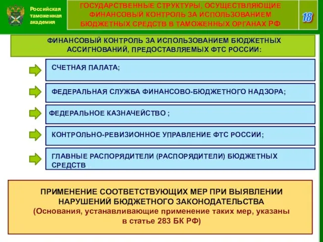 Российская таможенная академия 18 ГОСУДАРСТВЕННЫЕ СТРУКТУРЫ, ОСУЩЕСТВЛЯЮЩИЕ ФИНАНСОВЫЙ КОНТРОЛЬ ЗА ИСПОЛЬЗОВАНИЕМ