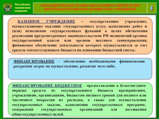 Российская таможенная академия 4 ЗАКОНОДАТЕЛЬНЫЕ ОСНОВЫ ФИНАНСОВОГО ОБЕСПЕЧЕНИЯ ДЕЯТЕЛЬНОСТИ КАЗЕННЫХ (БЮДЖЕТНЫХ)