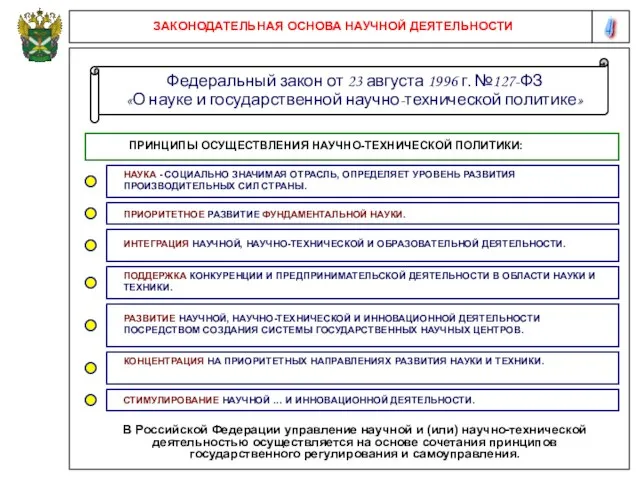 4 ЗАКОНОДАТЕЛЬНАЯ ОСНОВА НАУЧНОЙ ДЕЯТЕЛЬНОСТИ Федеральный закон от 23 августа 1996