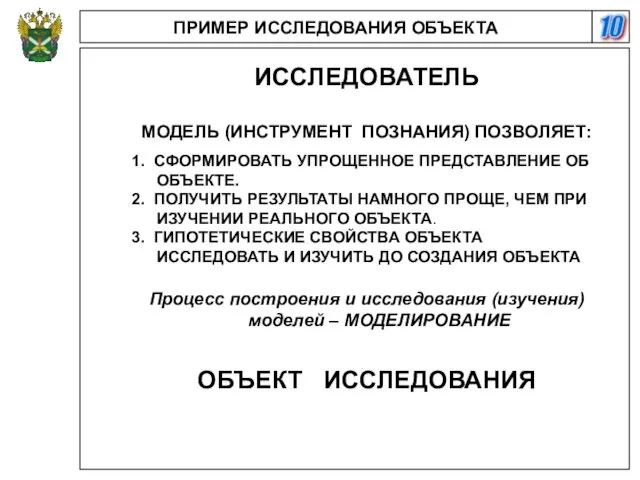 10 ПРИМЕР ИССЛЕДОВАНИЯ ОБЪЕКТА ИССЛЕДОВАТЕЛЬ МОДЕЛЬ (ИНСТРУМЕНТ ПОЗНАНИЯ) ПОЗВОЛЯЕТ: 1. СФОРМИРОВАТЬ