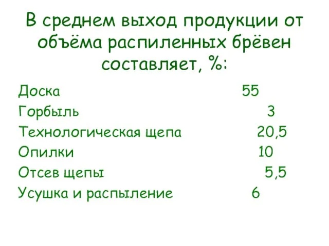 В среднем выход продукции от объёма распиленных брёвен составляет, %: Доска