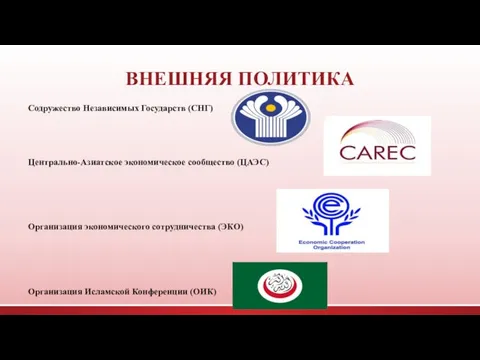 ВНЕШНЯЯ ПОЛИТИКА Содружество Независимых Государств (СНГ) Центрально-Азиатское экономическое сообщество (ЦАЭС) Организация