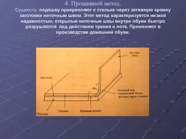 4. Прошивной метод. Сущность: подошву прикрепляют к стельке через затяжную кромку