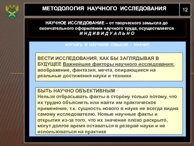 12 МЕТОДОЛОГИЯ НАУЧНОГО ИССЛЕДОВАНИЯ НАУЧНОЕ ИССЛЕДОВАНИЕ – от творческого замысла до