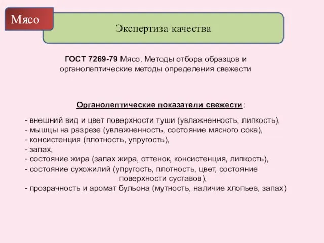 Экспертиза качества Мясо ГОСТ 7269-79 Мясо. Методы отбора образцов и органолептические