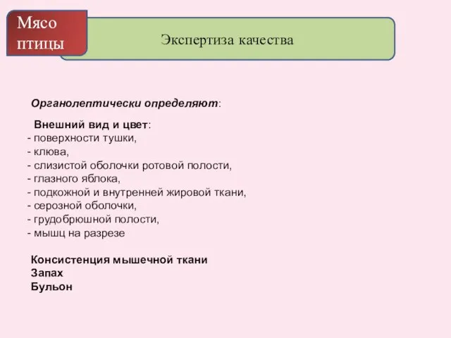 Экспертиза качества Мясо птицы Органолептически определяют: Внешний вид и цвет: поверхности