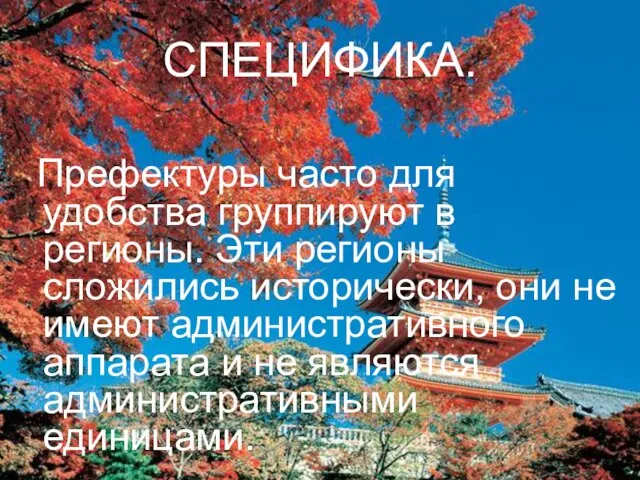 СПЕЦИФИКА. Префектуры часто для удобства группируют в регионы. Эти регионы сложились