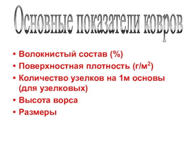 Волокнистый состав (%) Поверхностная плотность (г/м2) Количество узелков на 1м основы