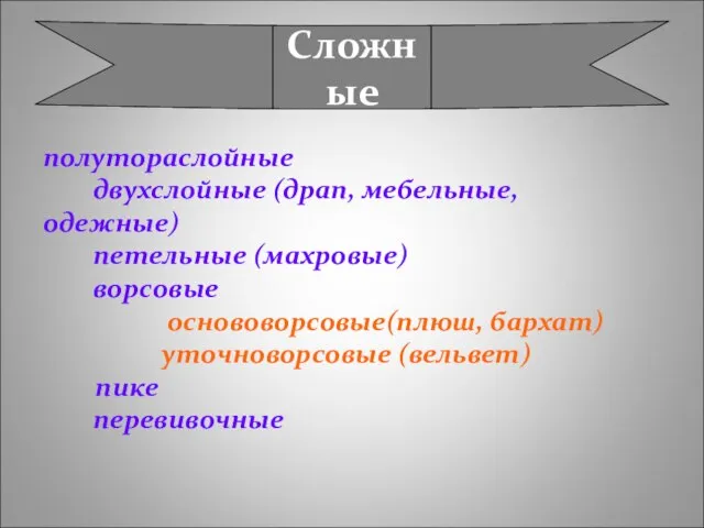 Сложные полутораслойные двухслойные (драп, мебельные, одежные) петельные (махровые) ворсовые основоворсовые(плюш, бархат) уточноворсовые (вельвет) пике перевивочные