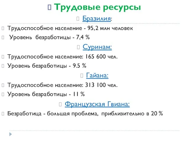 Трудовые ресурсы Бразилия: Трудоспособное население - 95,2 млн человек Уровень безработицы