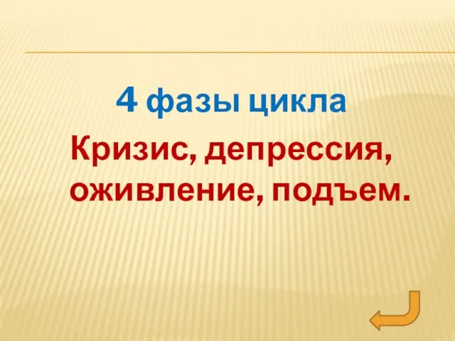 4 фазы цикла Кризис, депрессия, оживление, подъем.